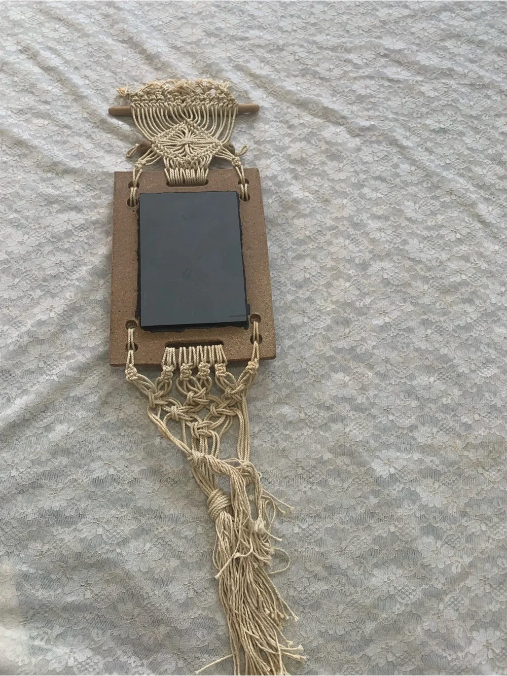 Vintage Boho Macrame Mirror Wall Hanging Textured Craft Frame & Tassels Decor